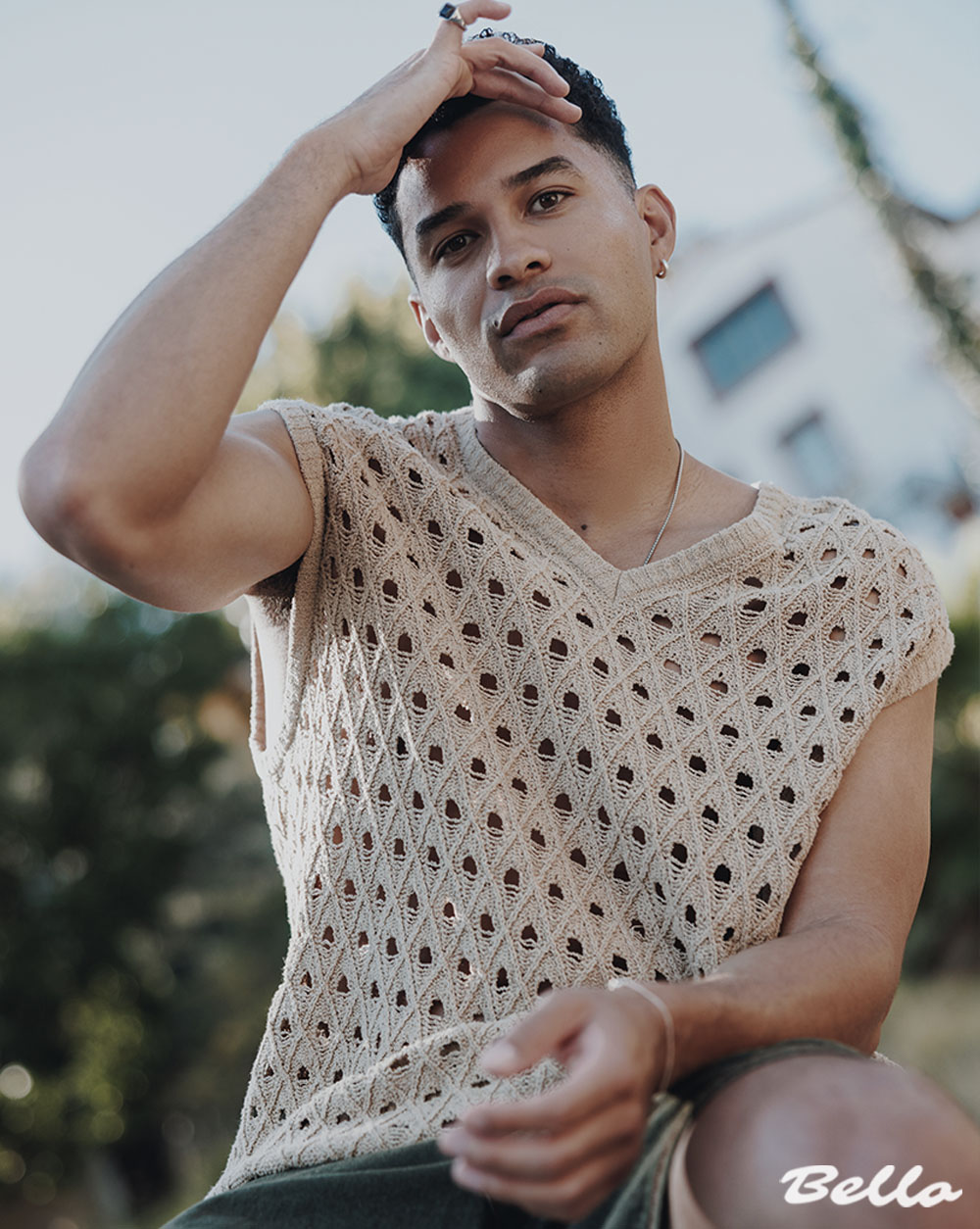 LOOK 1: Olive Oil Knit Vest + Garden of Impact Laser-Engraved Shorts | IOEDLE @ioedle Jewelry | AROCK @arock_official Sunglasses | Cubitts @cubitts